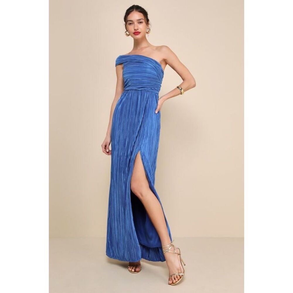 Lulus Poised Performance Blue Plisse One-shoulder Maxi Dress - Size S